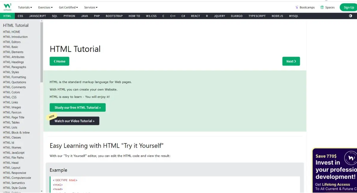 سایت w3schools برای آموزش طراحی سایت با HTML